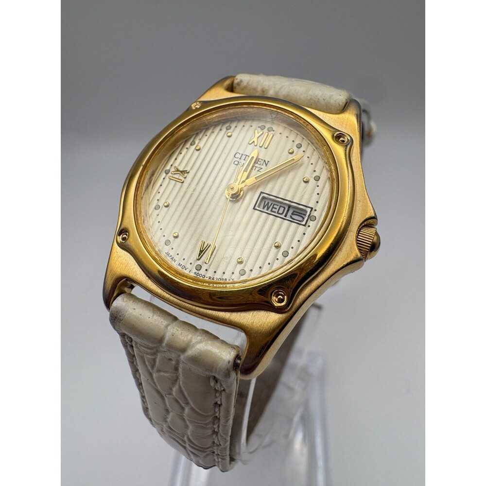 Vintage Citizen Day-Date Gold-Tone Watch - White Croc Leather - New Strap & Batt